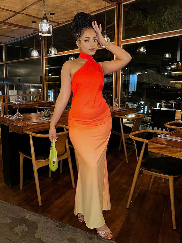 Momsmood Orange Halter Neck Mermaid Flowy Elegant Maternity Photoshoot Baby Shower Maxi Dress
