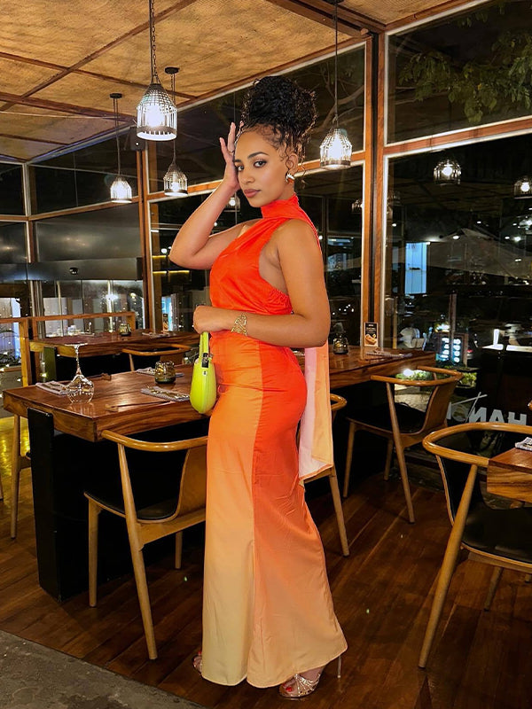 Momsmood Orange Halter Neck Mermaid Flowy Elegant Maternity Photoshoot Baby Shower Maxi Dress