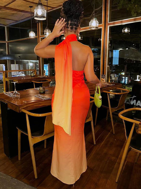 Momsmood Orange Halter Neck Mermaid Flowy Elegant Maternity Photoshoot Baby Shower Maxi Dress