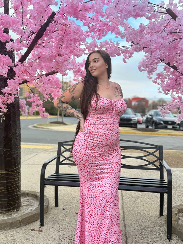 Momsmood Pink Flowers Spaghetti Straps Mermaid  Bodycon Elegant Maternity Photoshoot Maxi Dress