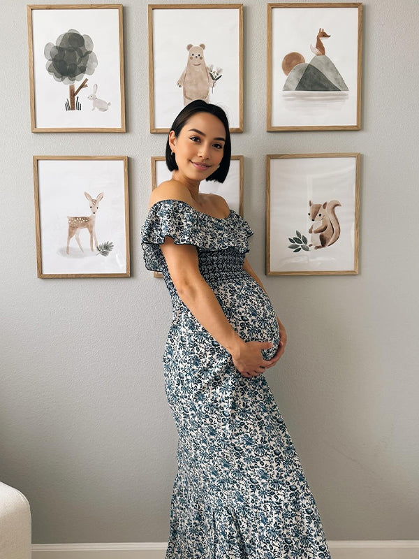 Momsmood Blue Pleated Ruffle Flowers Off-shoulder Bodycon Elegant Maternity Photoshoot Maxi Dress