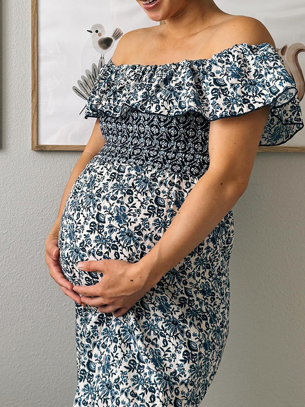 Momsmood Blue Pleated Ruffle Flowers Off-shoulder Bodycon Elegant Maternity Photoshoot Maxi Dress