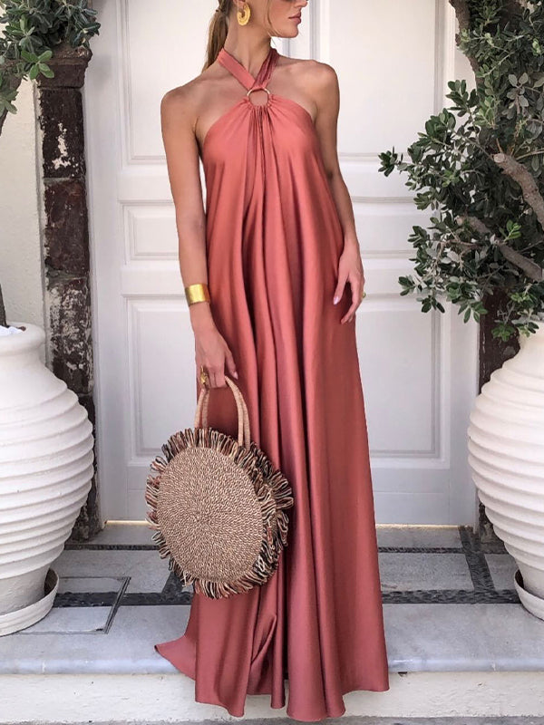 Momyknows Pink Halter Neck Cut Out Backless Flowy Elegant Party Maternity Photoshoot Maxi Dress