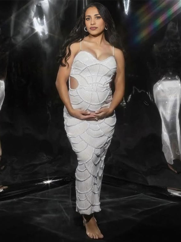 Momyknows White Spaghetti Straps Sequin Slit Bodycon Party Elegant Maternity Photoshoot Maxi Dress