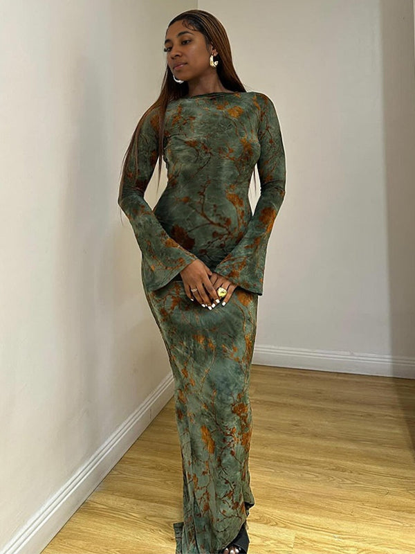 Momsmood Print Flowers Tie Back Backless Long Sleeve Mermaid Bodycon Maternity Party Photoshoot Maxi Dress