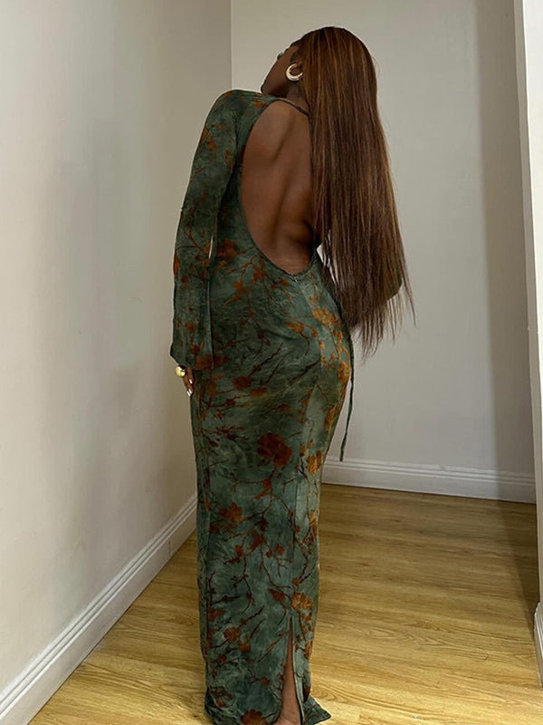 Momsmood Print Flowers Tie Back Backless Long Sleeve Mermaid Bodycon Maternity Party Photoshoot Maxi Dress