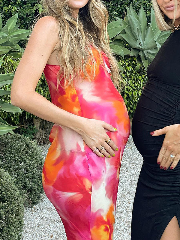 Momsmood Red And Yellow Print Spaghetti Straps Tie At The Chest Mermaid Bodycon Maternity Party Photoshoot Maxi Dress
