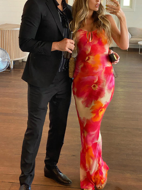 Momsmood Red And Yellow Print Spaghetti Straps Tie At The Chest Mermaid Bodycon Maternity Party Photoshoot Maxi Dress