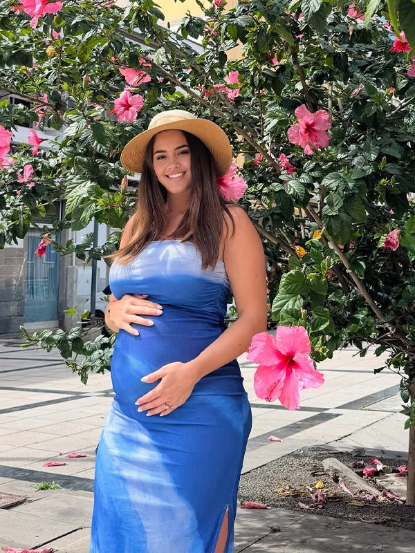 Momsmood Blue And White Bandeau Sleeveless Grenadine Print Bodycon Maternity Photoshoot Maxi Dress