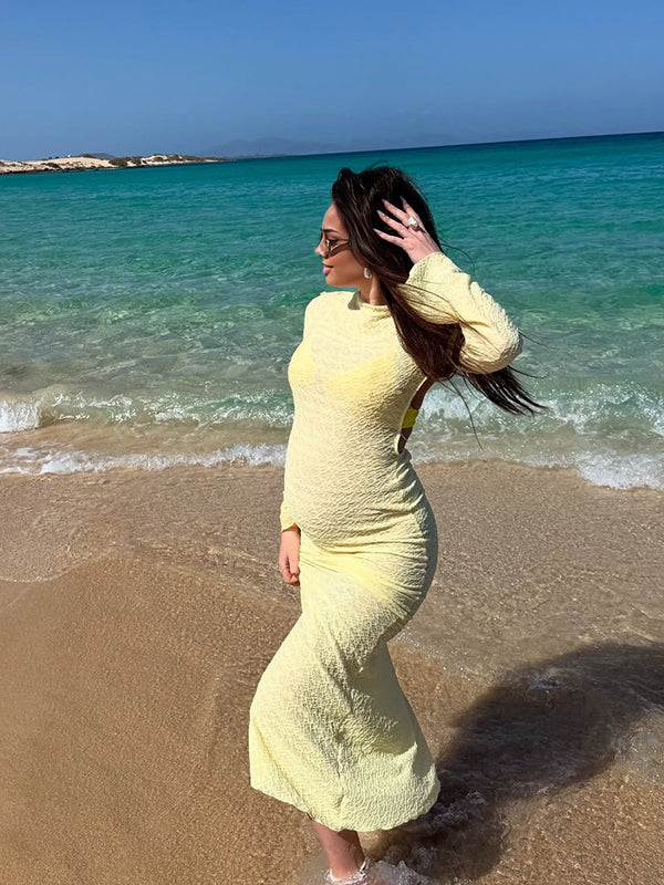 Yellow Backless A-Line Tie Back Maternity Maxi Dresses