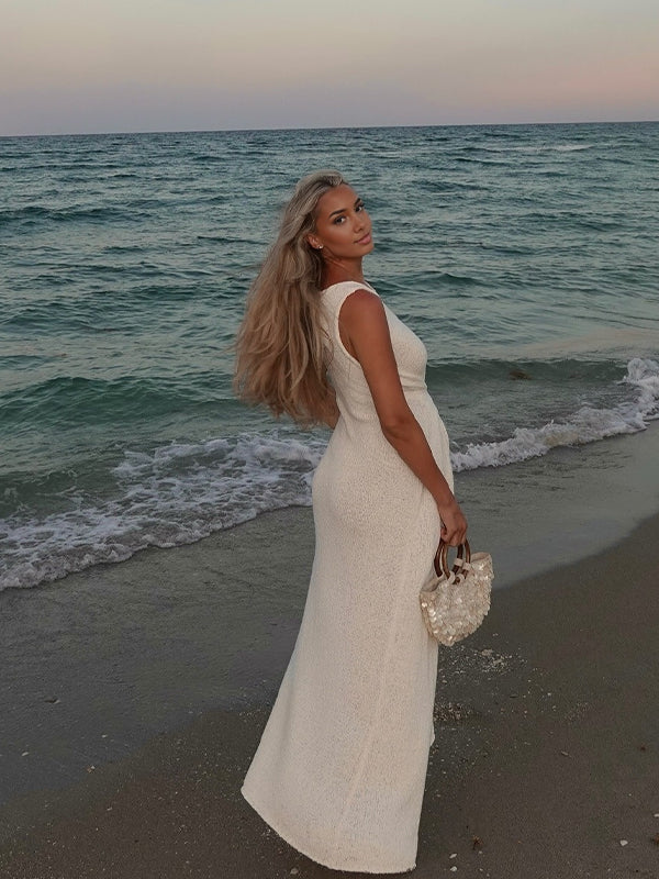 White Buttons Beach Adjust Waist Maternity Maxi Dresses