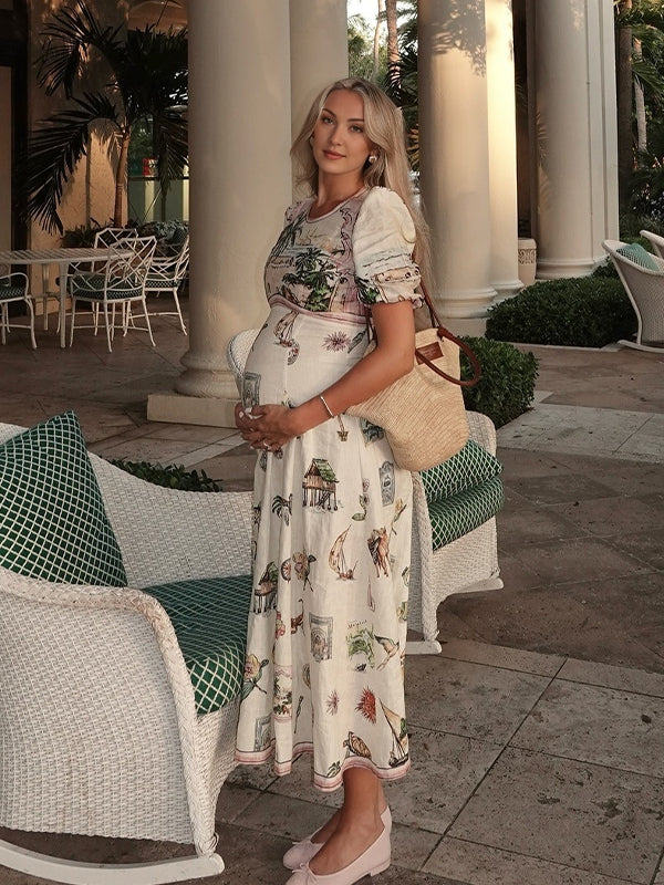Beige Bleach Band Puff Sleeve Big skirt Maternity Maxi Dresses