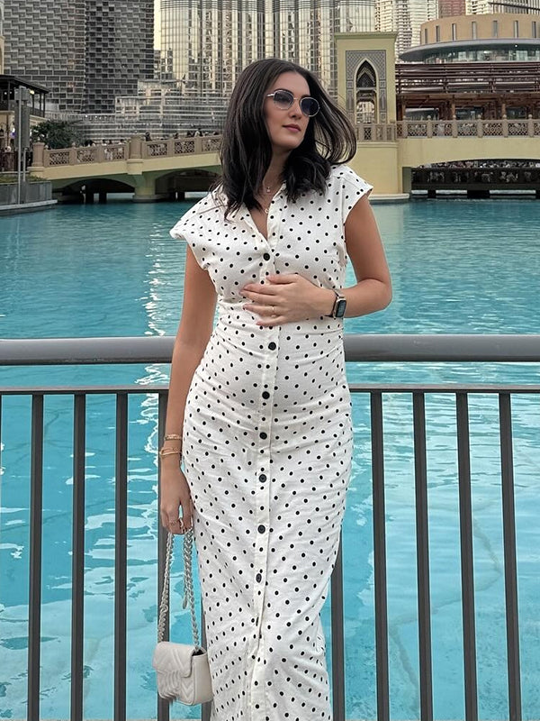 Polka Dots Buttons Lace Maternity Ruched Maxi Dresses