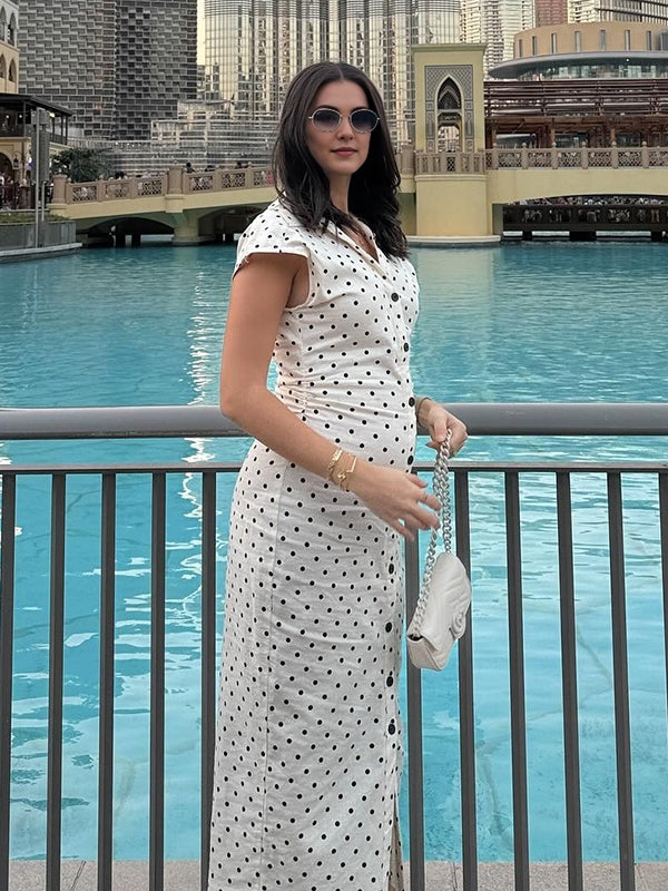 Polka Dots Buttons Lace Maternity Ruched Maxi Dresses