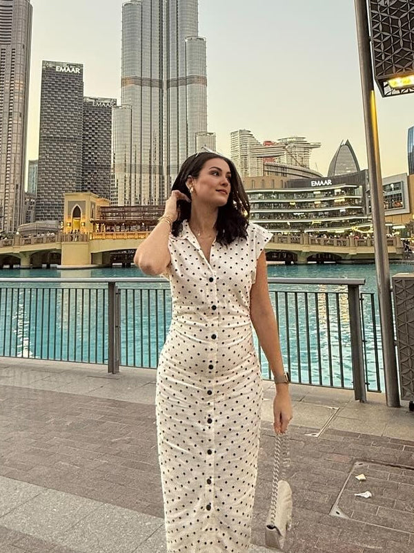 Polka Dots Buttons Lace Maternity Ruched Maxi Dresses