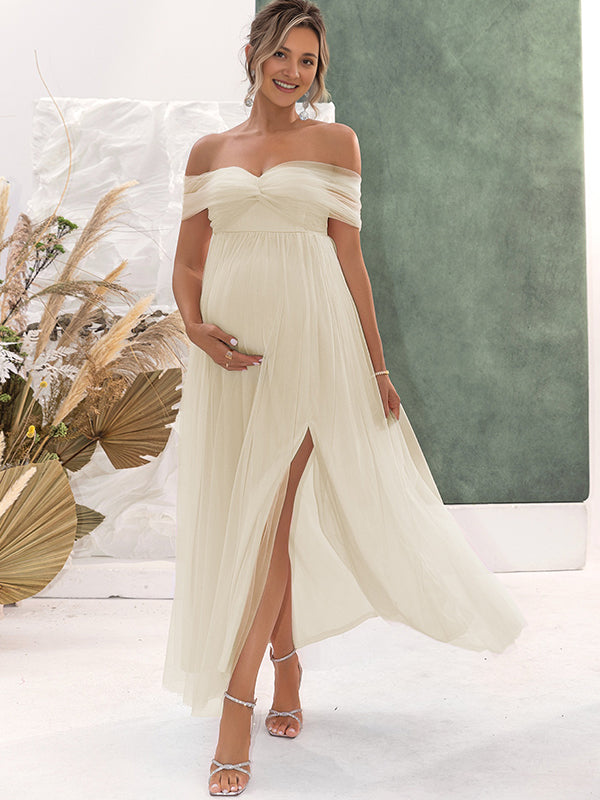 Momsmood Apricot Off Shoulder Slit Grenadine Cocktail Banquet Maternity Photoshoot Maxi Dress