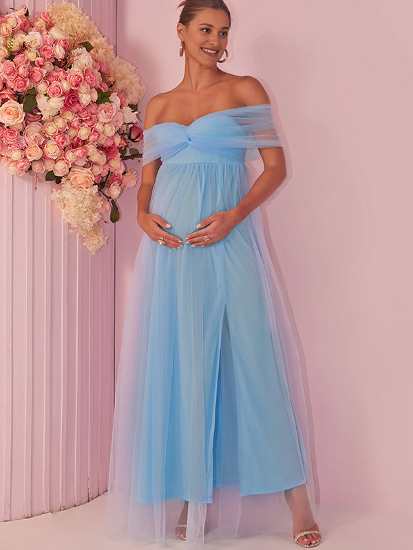 Momsmood Blue Off Shoulder Slit Grenadine Banquet Ceremony Maternity Photoshoot Maxi Dress