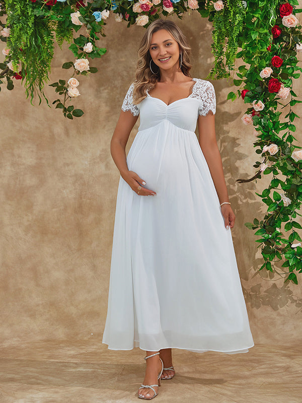 Momsmood White Lace Grenadine Short Sleeve Cocktail Banquet Maternity Photoshoot Maxi Dress