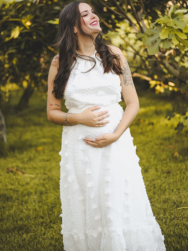 Momsmood White Stereoscopic Flowers Lace-up  Halter Neck Open Back Cocktail Banquet Baby Shower Maternity Photoshoot Maxi Dress