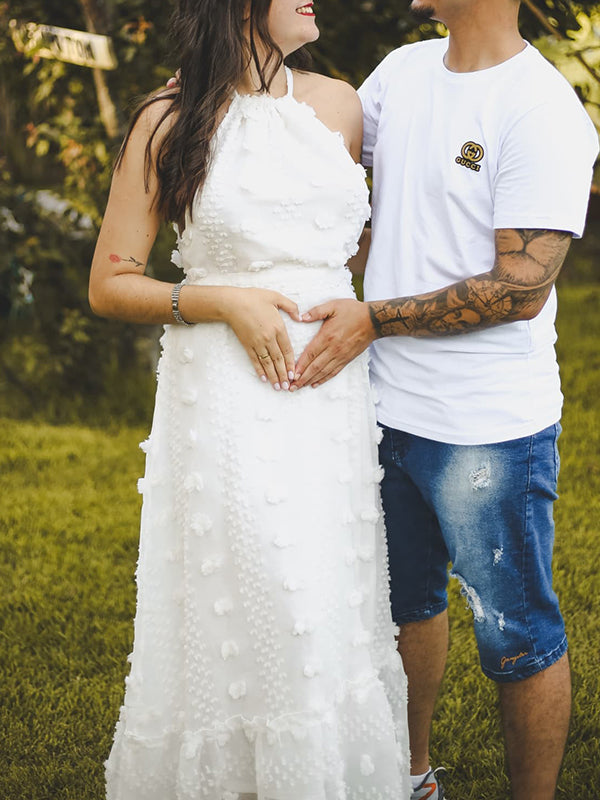 Momsmood White Stereoscopic Flowers Lace-up  Halter Neck Open Back Cocktail Banquet Baby Shower Maternity Photoshoot Maxi Dress