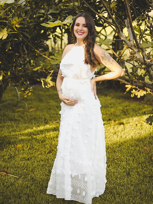 Momsmood White Stereoscopic Flowers Lace-up  Halter Neck Open Back Cocktail Banquet Baby Shower Maternity Photoshoot Maxi Dress