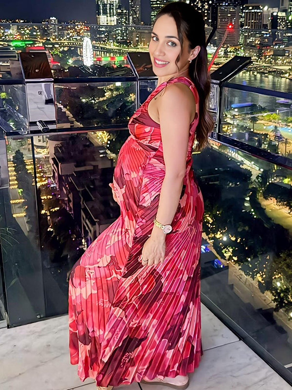 Momsmood Oblique Shoulder Ruched Skeleton Vacation Beach Maternity Photoshoot Maxi Dress
