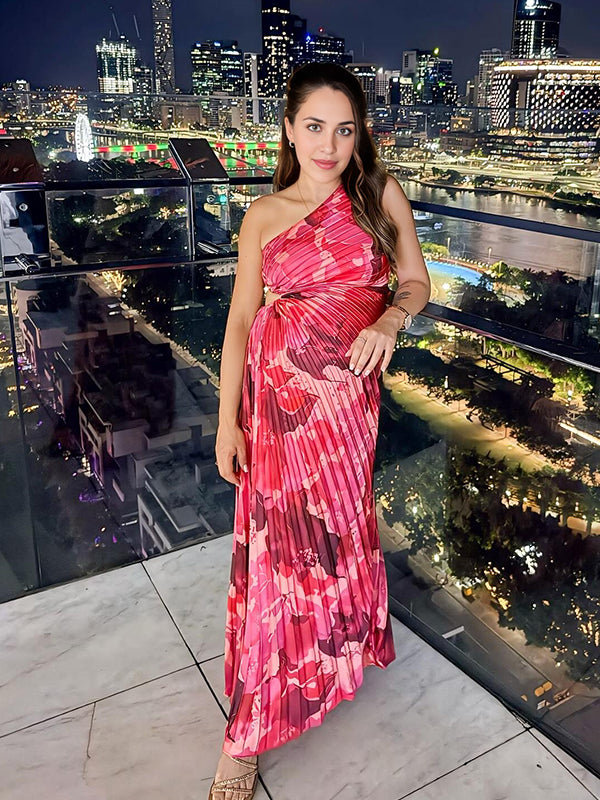 Momsmood Oblique Shoulder Ruched Skeleton Vacation Beach Maternity Photoshoot Maxi Dress