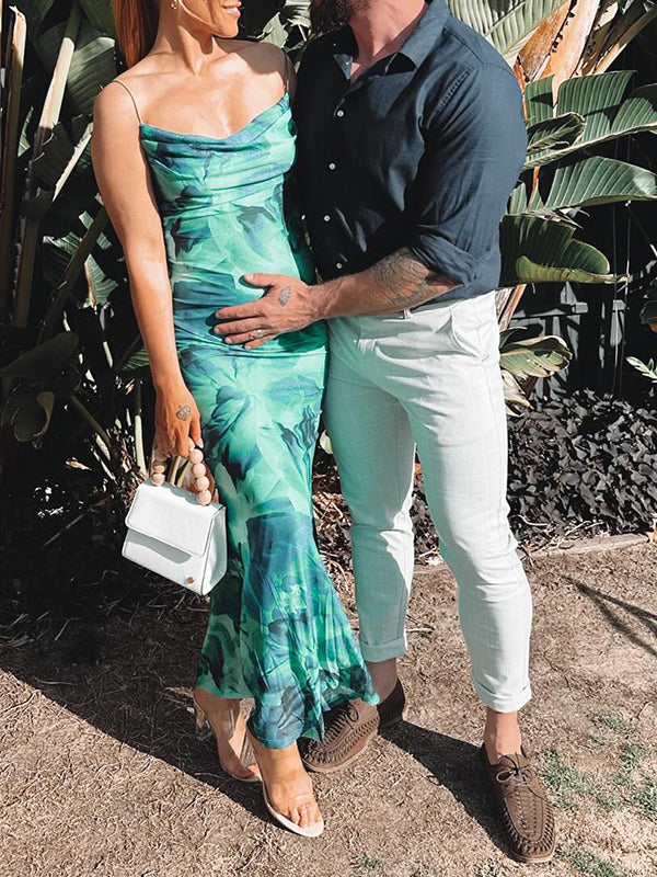 Momsmood Emerald Green Stamp Duty Spaghetti Strap Open Back Vacation Beach Maternity Photoshoot Maxi Dress