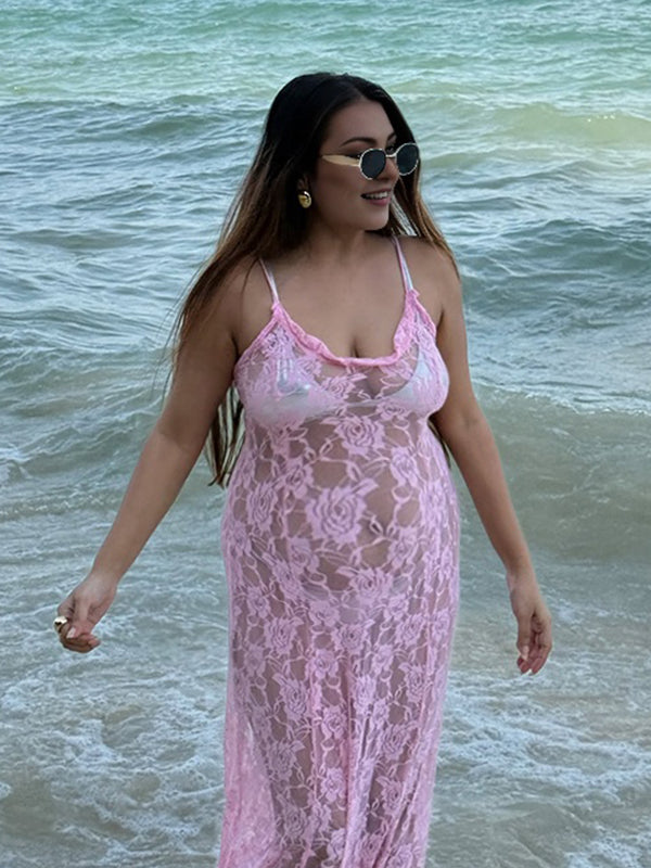 Momsmood Pink Eyelet Embroidered Spaghetti Strap Vacation Beach Baby Shower Maternity Photoshoot Maxi Dress