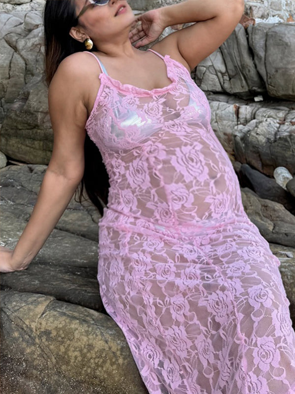 Momsmood Pink Eyelet Embroidered Spaghetti Strap Vacation Beach Baby Shower Maternity Photoshoot Maxi Dress
