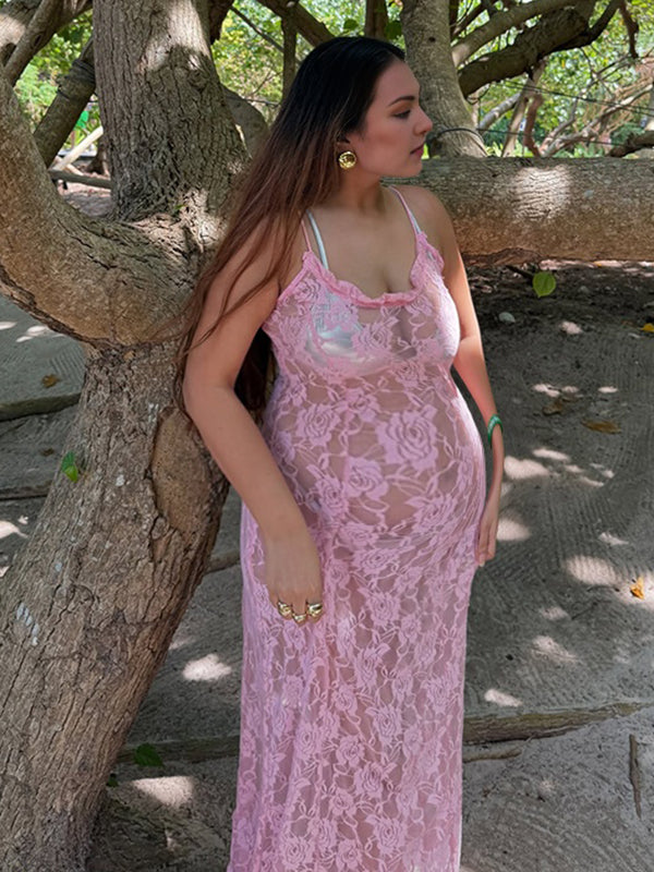Momsmood Pink Eyelet Embroidered Spaghetti Strap Vacation Beach Baby Shower Maternity Photoshoot Maxi Dress