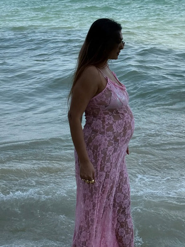 Momsmood Pink Eyelet Embroidered Spaghetti Strap Vacation Beach Baby Shower Maternity Photoshoot Maxi Dress