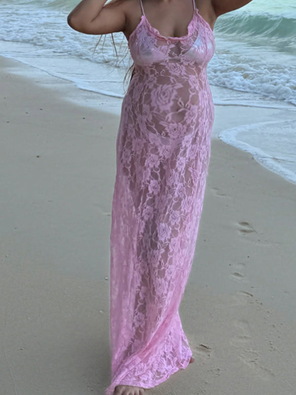 Momsmood Pink Eyelet Embroidered Spaghetti Strap Vacation Beach Baby Shower Maternity Photoshoot Maxi Dress