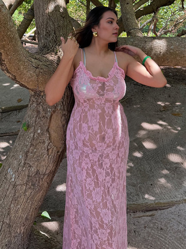 Momsmood Pink Eyelet Embroidered Spaghetti Strap Vacation Beach Baby Shower Maternity Photoshoot Maxi Dress