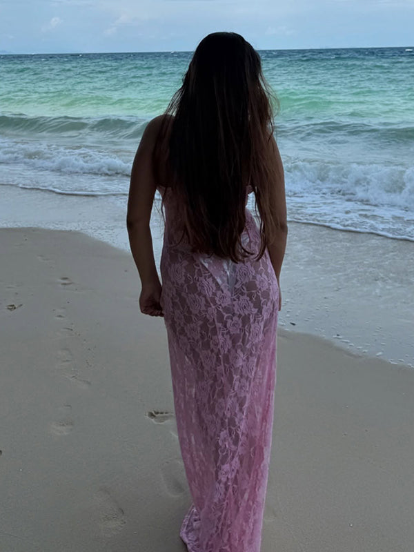 Momsmood Pink Eyelet Embroidered Spaghetti Strap Vacation Beach Baby Shower Maternity Photoshoot Maxi Dress