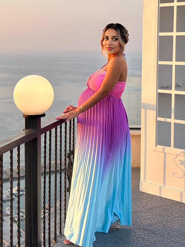 Momsmood Halter Neck Pleats Gradient Color Vacation Beach Maternity Photoshoot Maxi Dress