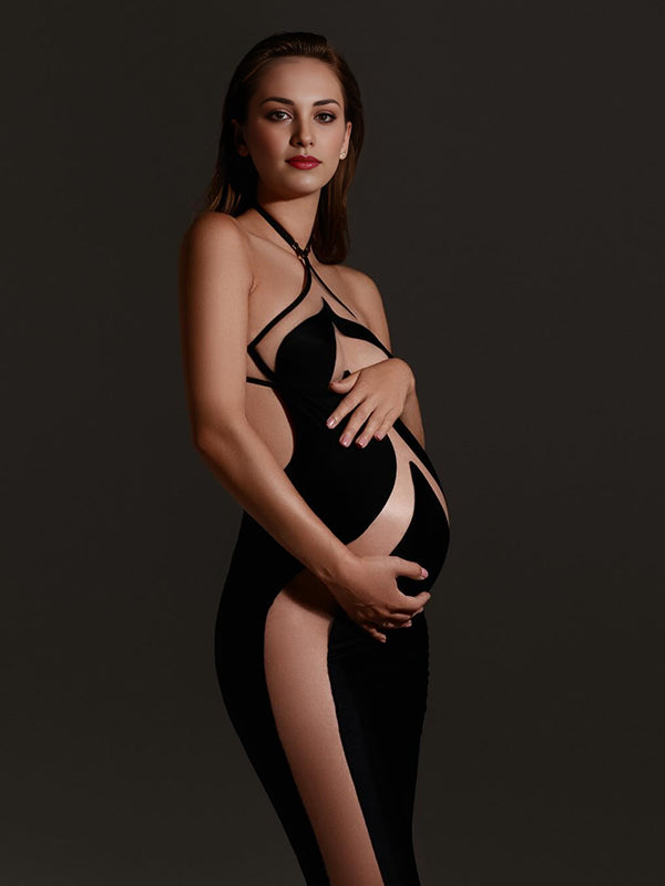 Momsmood Black Halter Neck Grenadine Skeleton Banquet Party Maternity Photoshoot Maxi Dress