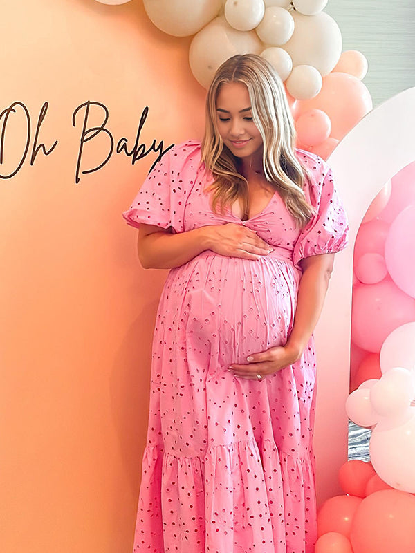 Momsmood Pink V neck Puff Sleeve Skeleton Buttons Vacation Party Baby Shower Maternity Photoshoot Maxi Dress
