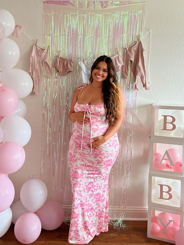 Momsmood Pink Crushed Flower Spaghetti Strap lace-up Ruched Banquet Party Baby Shower Maternity Photoshoot Maxi Dress