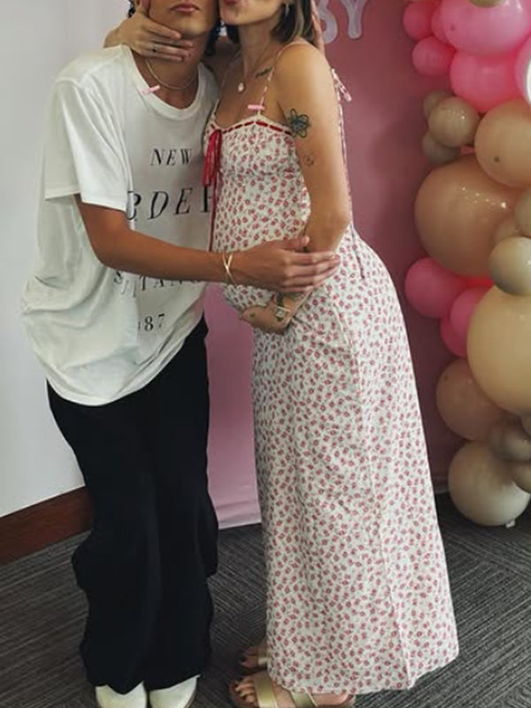 Momsmood Pink Crushed Flower Striped lace-up Vacation Party Baby Shower Maternity Photoshoot Maxi Dress