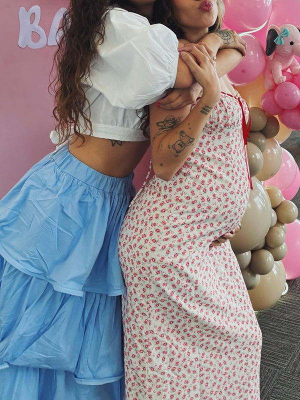 Momsmood Pink Crushed Flower Striped lace-up Vacation Party Baby Shower Maternity Photoshoot Maxi Dress