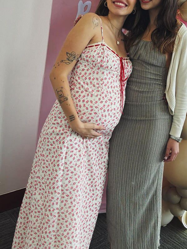 Momsmood Pink Crushed Flower Striped lace-up Vacation Party Baby Shower Maternity Photoshoot Maxi Dress