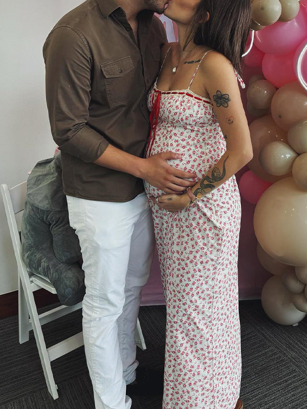 Momsmood Pink Crushed Flower Striped lace-up Vacation Party Baby Shower Maternity Photoshoot Maxi Dress