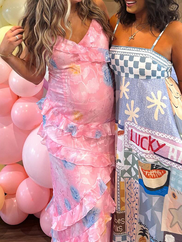 Momsmood Pink Wavy Border Stamp Duty Spaghetti Strap Vacation Party Baby Shower Maternity Photoshoot Maxi Dress