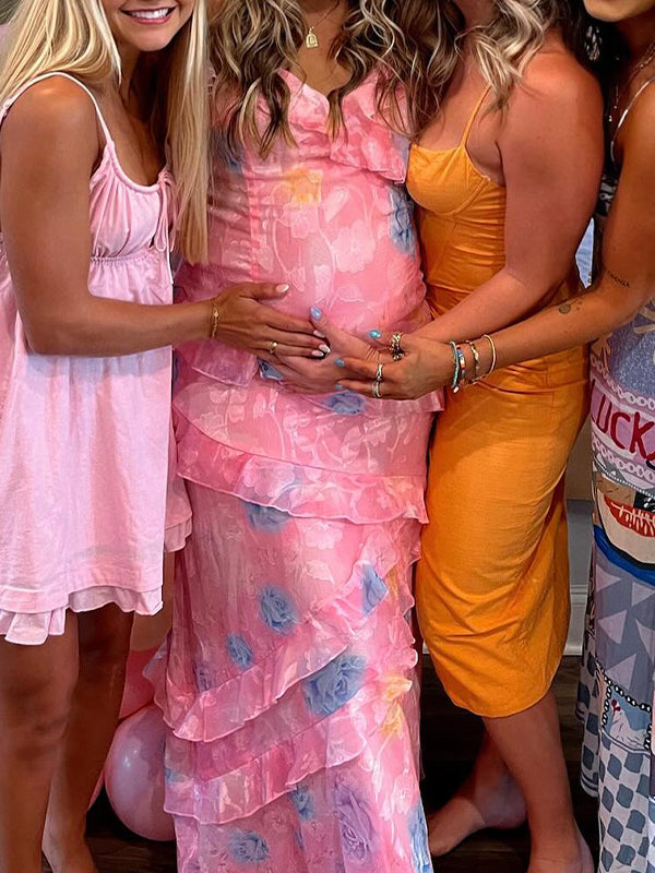 Momsmood Pink Wavy Border Stamp Duty Spaghetti Strap Vacation Party Baby Shower Maternity Photoshoot Maxi Dress