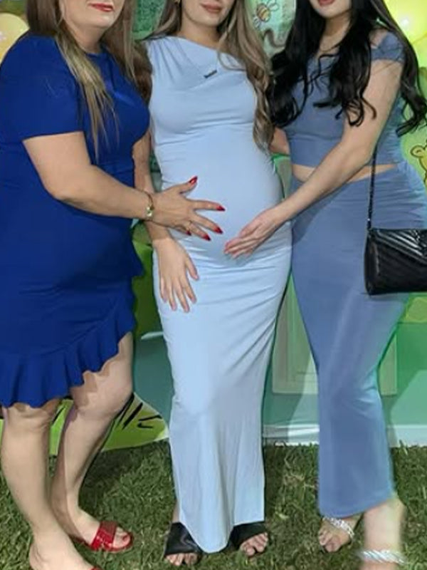 Momsmood Blue Oblique Shoulder Ruched Bodycon Banquet Party Baby Shower Maternity Photoshoot Maxi Dress