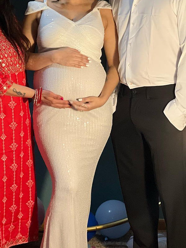 Momsmood  White Sequin Spaghetti Strap Bodycon Banquet Ceremony Baby Shower Maternity Photoshoot Maxi Dress
