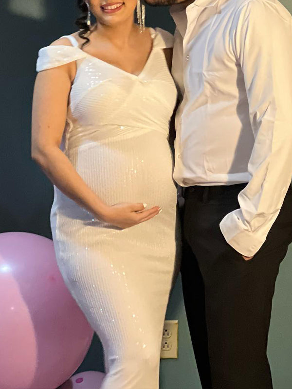 Momsmood  White Sequin Spaghetti Strap Bodycon Banquet Ceremony Baby Shower Maternity Photoshoot Maxi Dress