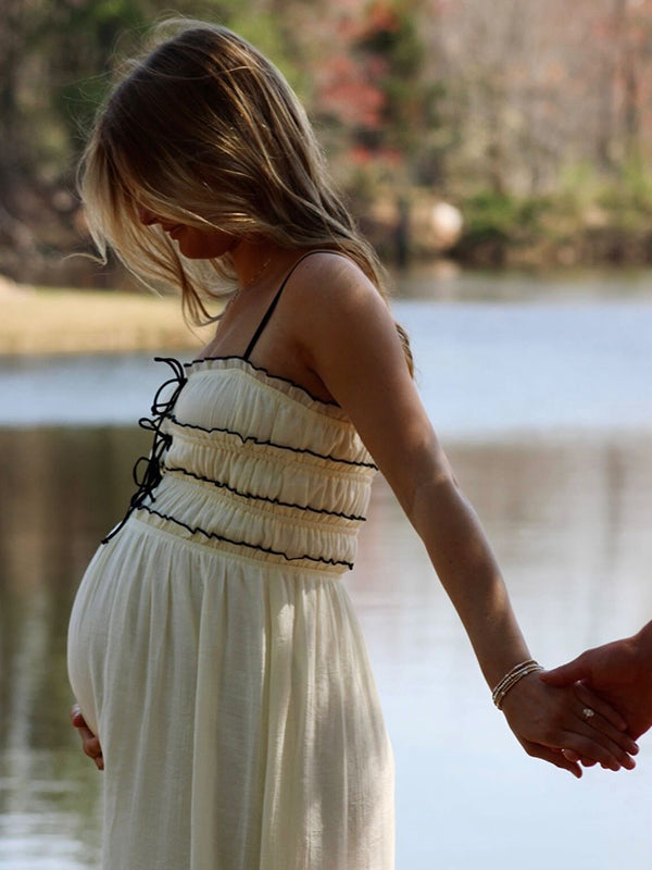 Momsmood  White lace-up Spaghetti Strap Splicing Party Vacation Party Baby Shower Maternity Photoshoot Maxi Dress