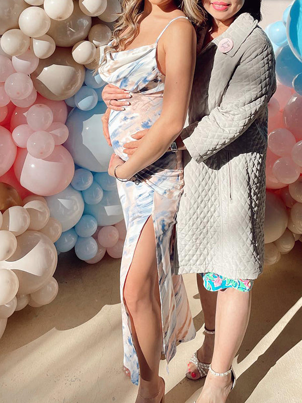 Momsmood  Spaghetti Strap Stamp Duty Ruched Vacation Beach Baby Shower Maternity Photoshoot Maxi Dress